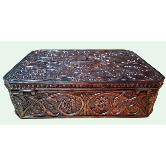Vintage Silver-Tone Ornate Jewelry Box With Red Velvet Interior & Dividers - Picture 9 of 12